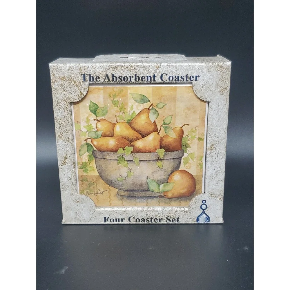 Set Of Four Stone Coasters Pears In Bowl In Box 4 X 4 Cork Backing